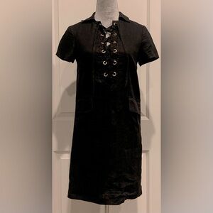 CREMIEUX Collared Lace Up Midi Linen Dress Short Sleeve with Pockets